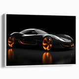 Vintage poster art of a classic car in black and white on a framed canvas, ideal for living room decor.