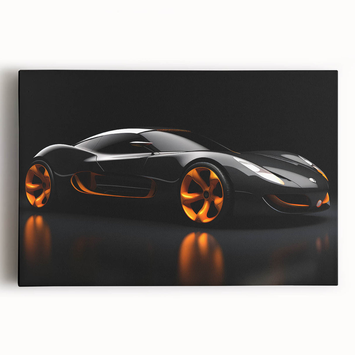 Black and white photo of a sports car on stretched canvas, suitable as large kitchen wall art.