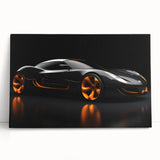 Black and white photo of a sports car on stretched canvas, ideal for kitchen wall art or bedroom decor.