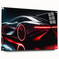 Side view of a red sports car on acrylic glass, ideal for modern bedroom or dining room decor.