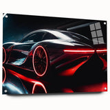 Side view of a red sports car on acrylic glass, ideal for modern bedroom or dining room decor.