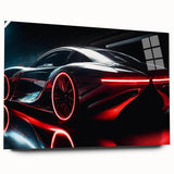 Side view of a red sports car on acrylic glass, featuring bold red and black tones.