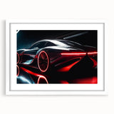 Abstract art print of a sports car in bold red and black hues on a white framed canvas.