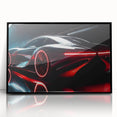 Large abstract wall art depicting a black sports car in mid-century modernist style on a framed acrylic print.