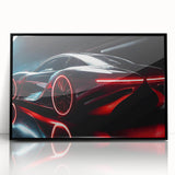 Large abstract wall art depicting a black sports car in mid-century modernist style on a framed acrylic print.
