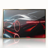 Mid-century modernist art poster featuring a gold-toned sports car on acrylic, ideal for modern art wall decor.