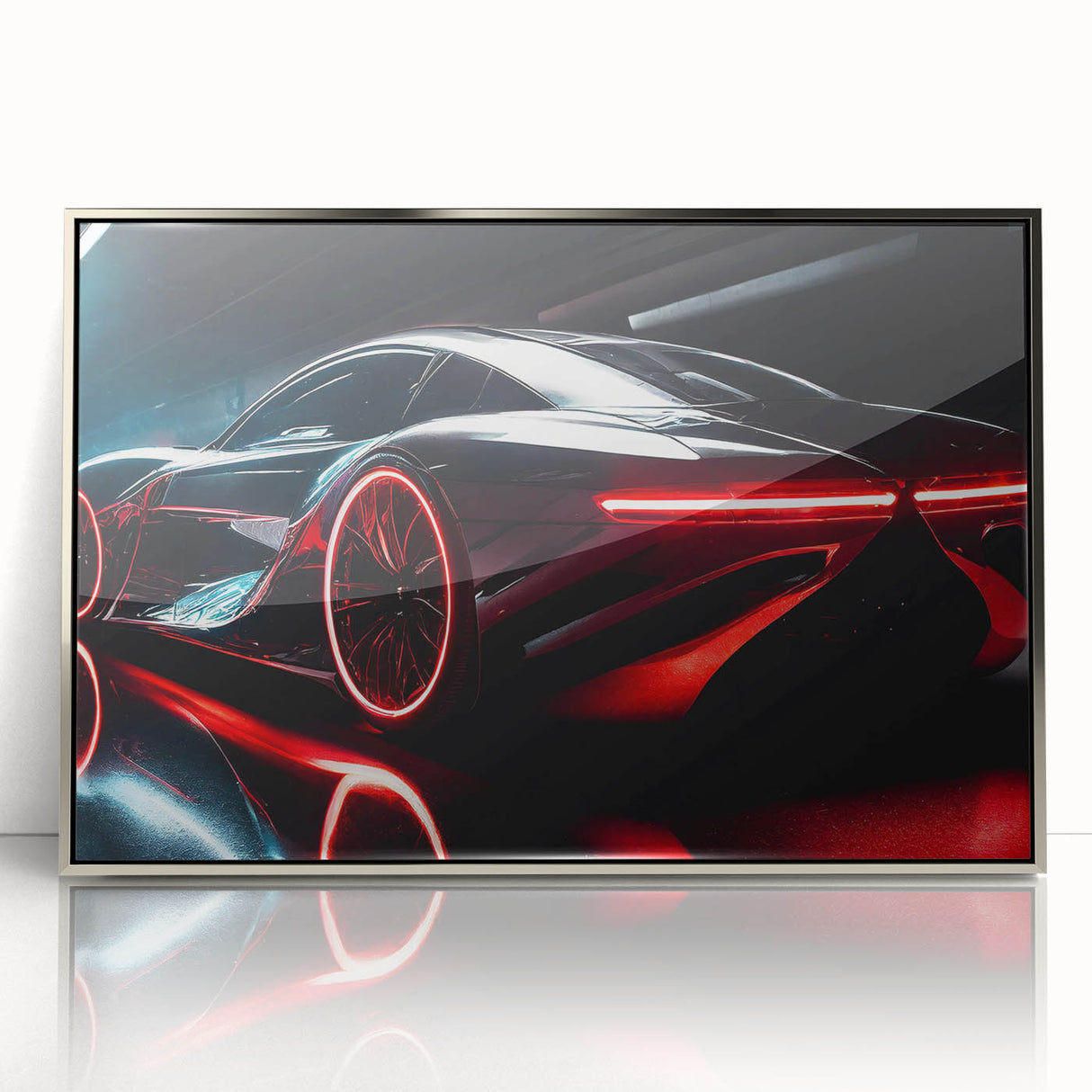 Mid-century modernist art featuring a silver sports car on large acrylic print, suitable for modern art wall decor.