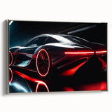 Silver sports car in dynamic side view on black background, framed canvas, ideal for contemporary office decor.
