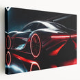 Side view of a red sports car on a large stretched canvas, in vibrant red and black tones, suitable for kitchen wall art.