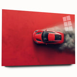 Side view of a red sports car on large acrylic glass, with vibrant red and black tones, ideal for bedroom or dining room art.