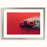 Textured art print of abstract sports cars in grayscale, framed in silver, suitable for bedroom art.
