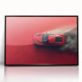 Large abstract wall art of a black sports car in a mid-century modernist style, framed in acrylic.