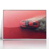 Art deco poster of a classic sports car in vibrant red and chrome, acrylic print framed in white.