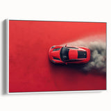 Vintage poster art of a classic car in black and white on a large framed canvas, suitable for living room decor.