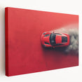 Side view of a red sports car on a stretched canvas, with vivid red and black tones, suitable as large art for kitchen walls.