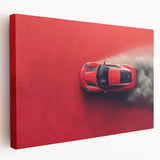 Side view of a red sports car on a stretched canvas, with vivid red and black tones, suitable as large art for kitchen walls.