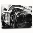 Acrylic print of a side view of a sports car in bold red and black tones, suitable for bedroom or dining room decor.
