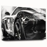 Acrylic print of a side view of a sports car in bold red and black tones, suitable for bedroom or dining room decor.