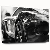 Side view of a sports car in grayscale on acrylic glass, suitable as large bedroom or dining room art.