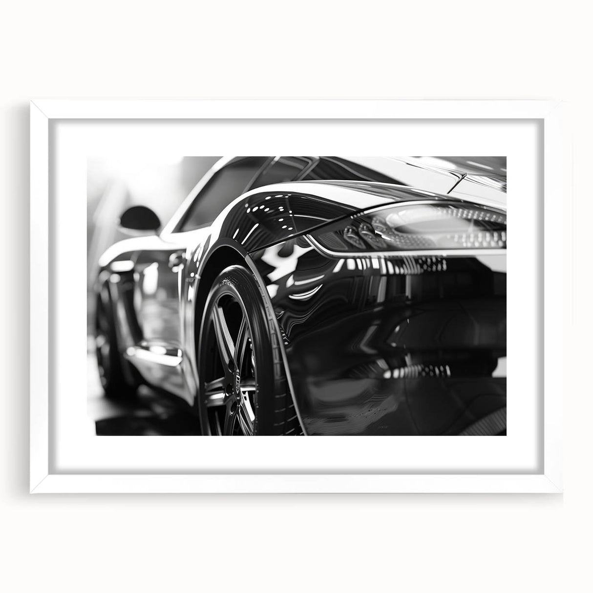 Abstract art print of a stylized sports car in vibrant red and black, framed in white.