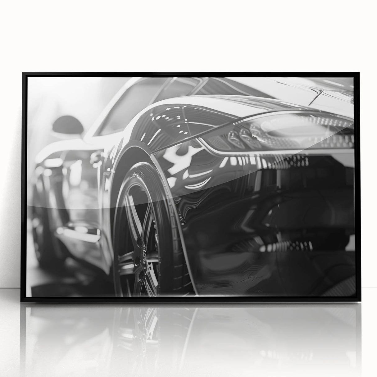Large abstract wall art of a black sports car in mid-century modernist style, framed in acrylic.