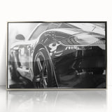 Mid-century modernist art featuring a silver sports car, framed acrylic print in cool gray tones.