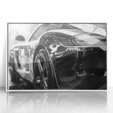 Art deco poster of a white sports car, presented in a white framed acrylic, suitable for modern art wall decor.