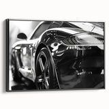 Black and white framed canvas of a vintage sports car in profile, ideal for bedroom wall art.