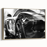 Gold side view of a vintage sport car on black framed canvas, ideal for bedroom wall decor.