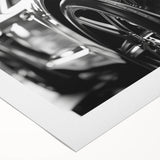 Art deco poster of a vintage sports car in monochrome, printed on rolled canvas, suitable for dining room decor.