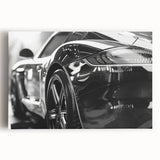 Black and white photo of a vintage sports car on stretched canvas, suitable as large kitchen wall art.