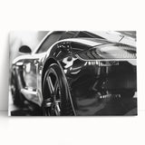 Black and white photo of a sports car on stretched canvas, suitable as large kitchen wall art or bedroom decor.