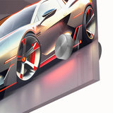 Mid-century modernist style acrylic print of abstract sport cars in vibrant colors, ideal for dining room art.