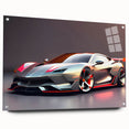 Side view of a red sports car on acrylic print, suitable for bedroom or dining room decor.
