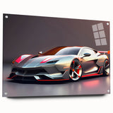 Side view of a red sports car on acrylic print, suitable for bedroom or dining room decor.