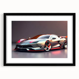 Extra large abstract art print of colorful, textured sports cars, framed in black, ideal for living room decor.