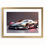 Abstract art print of a sports car in textured gray and black, framed in gold, ideal for living room decor.