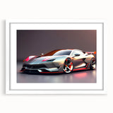 Abstract art print of colorful, stylized sports cars on a white framed canvas, suitable for dining room or bedroom decor.