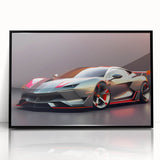 Large abstract wall art depicting a black sports car, in mid-century modernist style on a framed acrylic print.