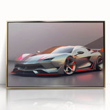 Frontal view of a golden sports car, rendered in a mid-century modernist style on a framed acrylic, in monochrome gold tones.