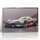Mid-century modernist style acrylic print featuring a silver sports car, ideal for modern art wall decor.