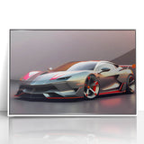 Art deco poster of a white sports car on a framed acrylic, featuring a monochrome palette.