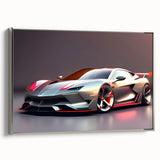 Silver vintage sports car on a black background, framed canvas, ideal for decorating a modern home office.