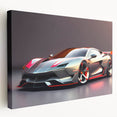 Side view of a red sports car on a large stretched canvas, with a sleek design, ideal for kitchen wall art.