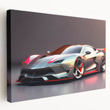Side view of a red sports car on a large stretched canvas, with a sleek design, ideal for kitchen wall art.