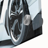 Large abstract wall art of a sports car in mid-century modernist style, rendered in bold colors on acrylic glass.