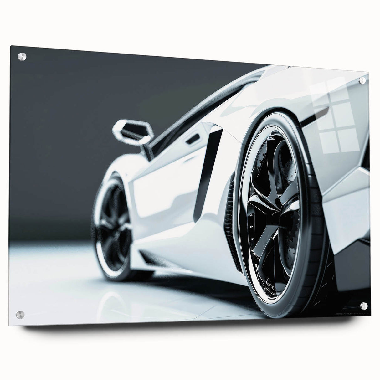 Side view of a red sports car on acrylic glass, ideal for modern bedroom or dining room decor.