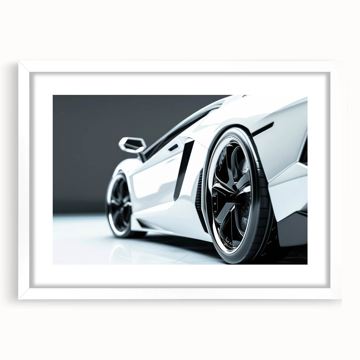 Abstract art print of a stylized sports car in vibrant red and black tones, framed with a white mat.