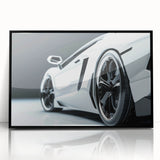 Large abstract wall art featuring a black sports car in mid-century modernist style, framed in acrylic.