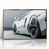 Mid-century modernist-style sports car in gold hues on a large framed acrylic print, suitable for modern art wall decor.